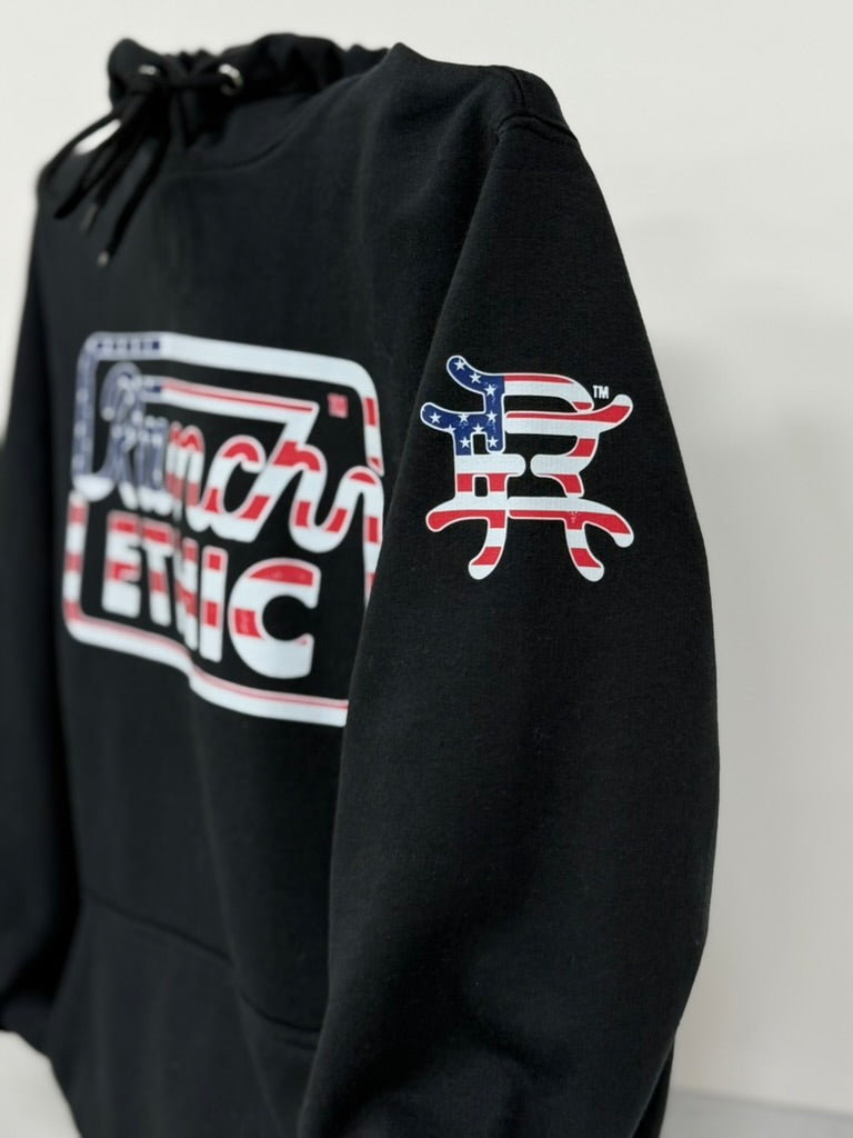 Black with Red White and Blue Logo Hoodie