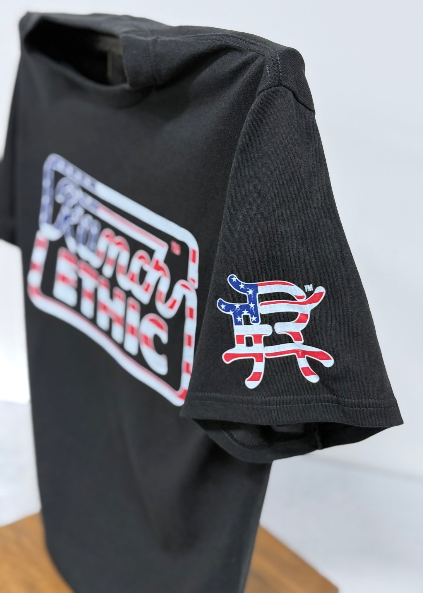 Black with Red White and Blue Logo Tee