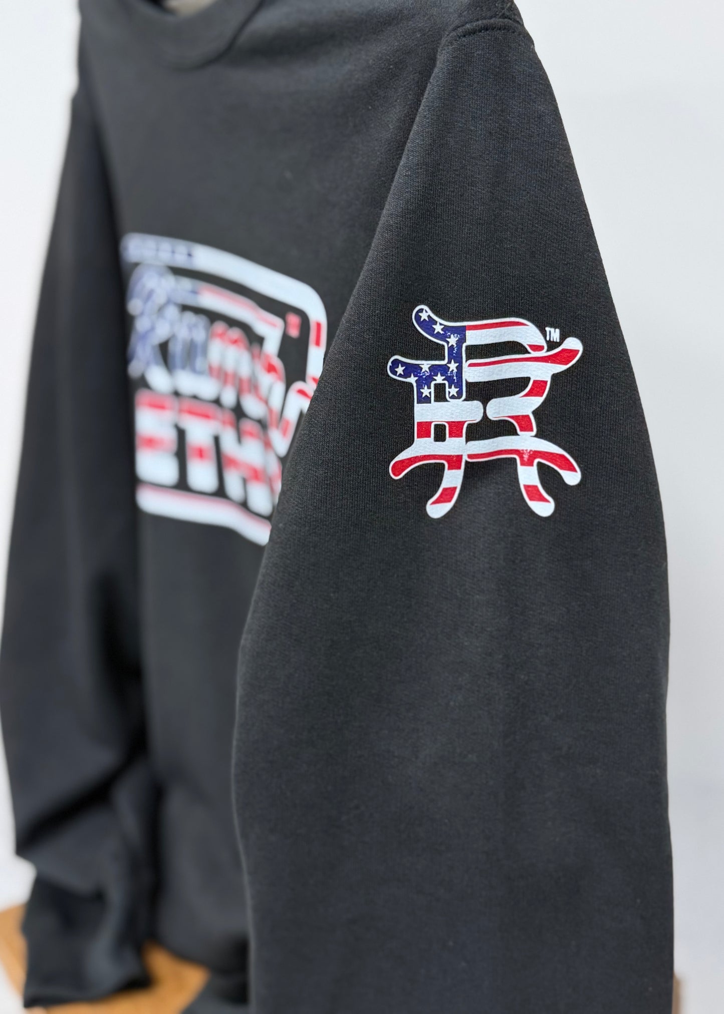 Black with Red White and Blue Logo Crewneck