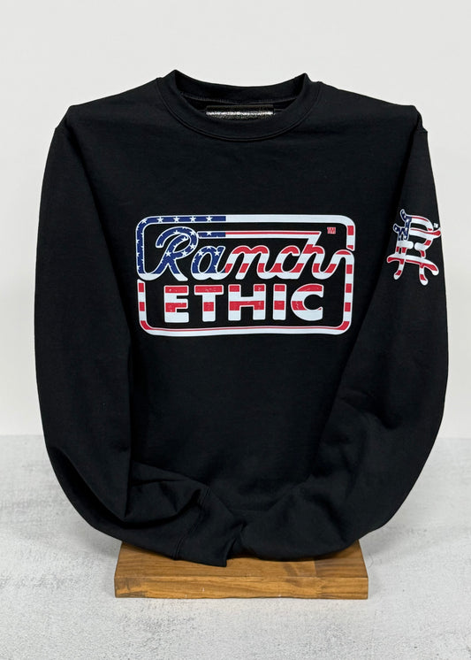 Black with Red White and Blue Logo Crewneck