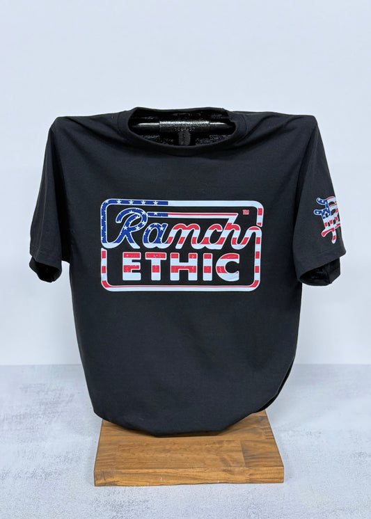 Black with Red White and Blue Logo Tee