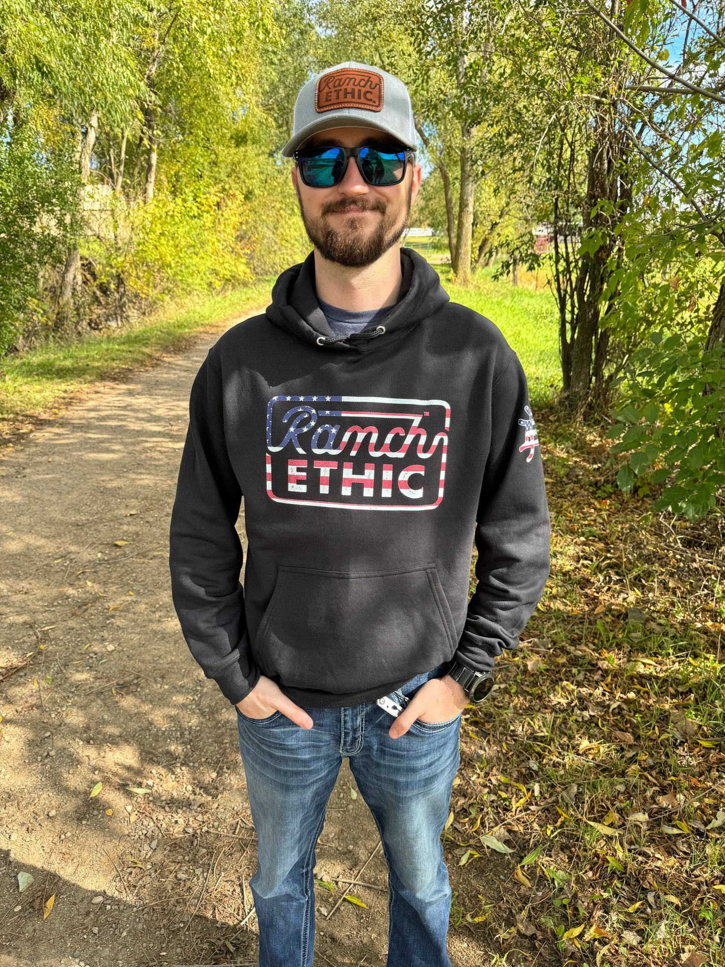 Black with Red White and Blue Logo Hoodie