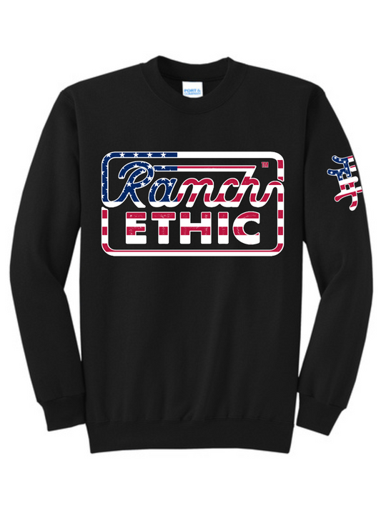 Black with Red White and Blue Logo Crewneck