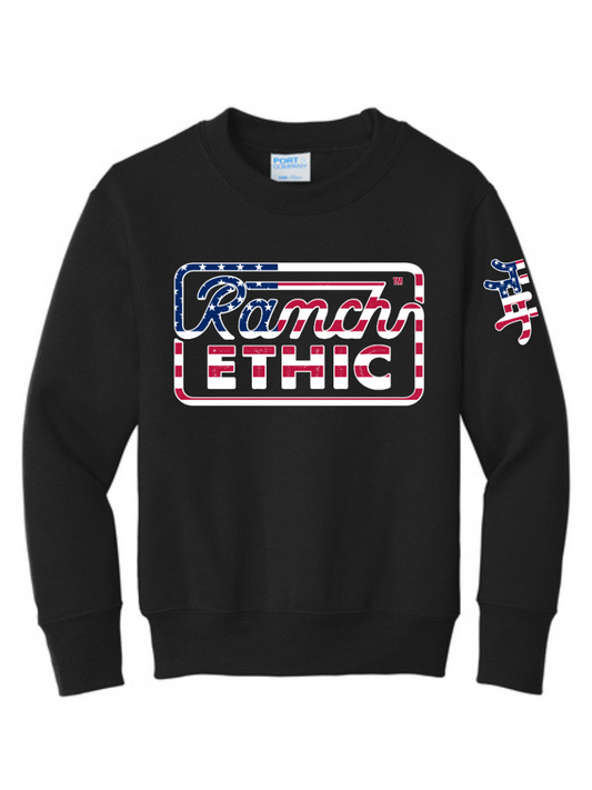 Youth Black with Red, White and Blue Logo Crewneck